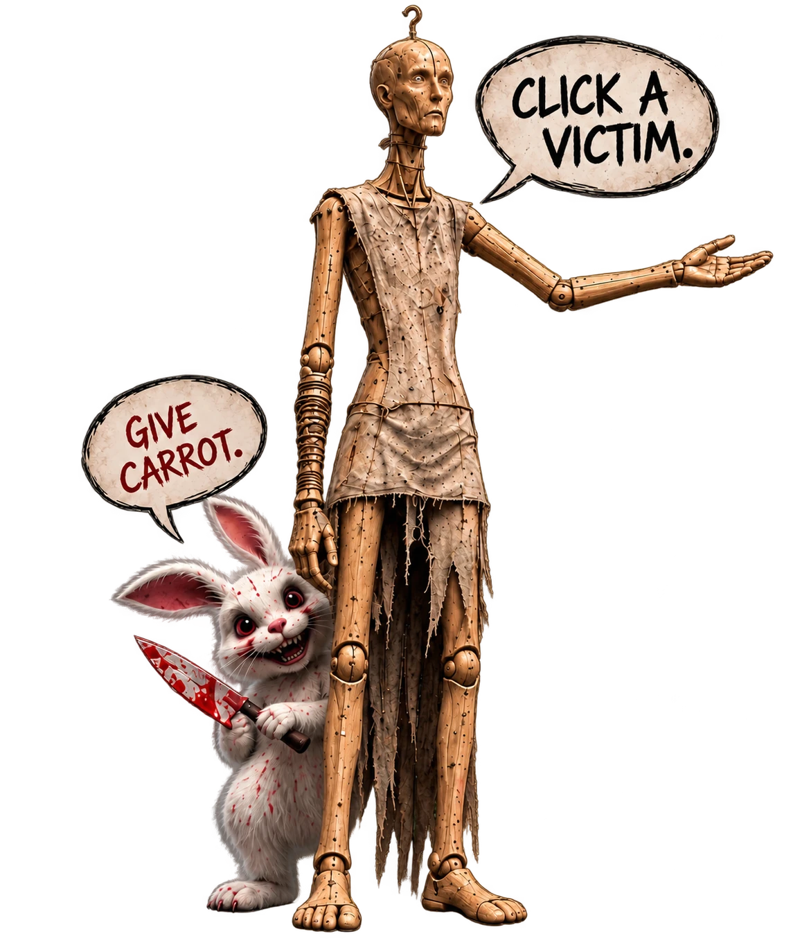 Dave’s wooden doll says ‘Click a victim’. Snowball the rabbit says ‘Give carrot’.